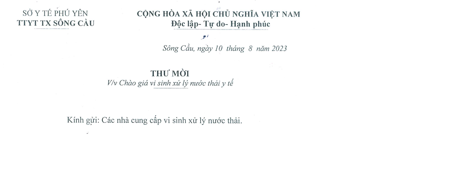 Thư mời Chào giá vi sinh xử lý nước thải y tế